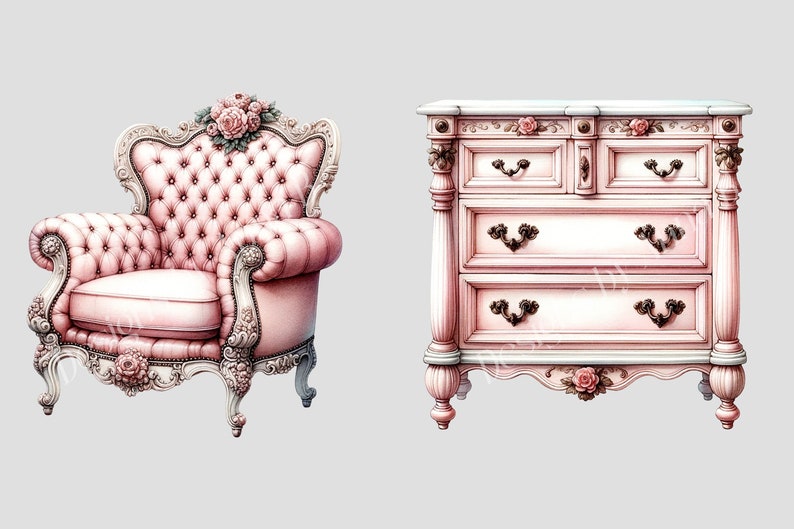 May include: A pink upholstered armchair with ornate carvings and floral accents sits next to a pink dresser with three drawers and floral accents.