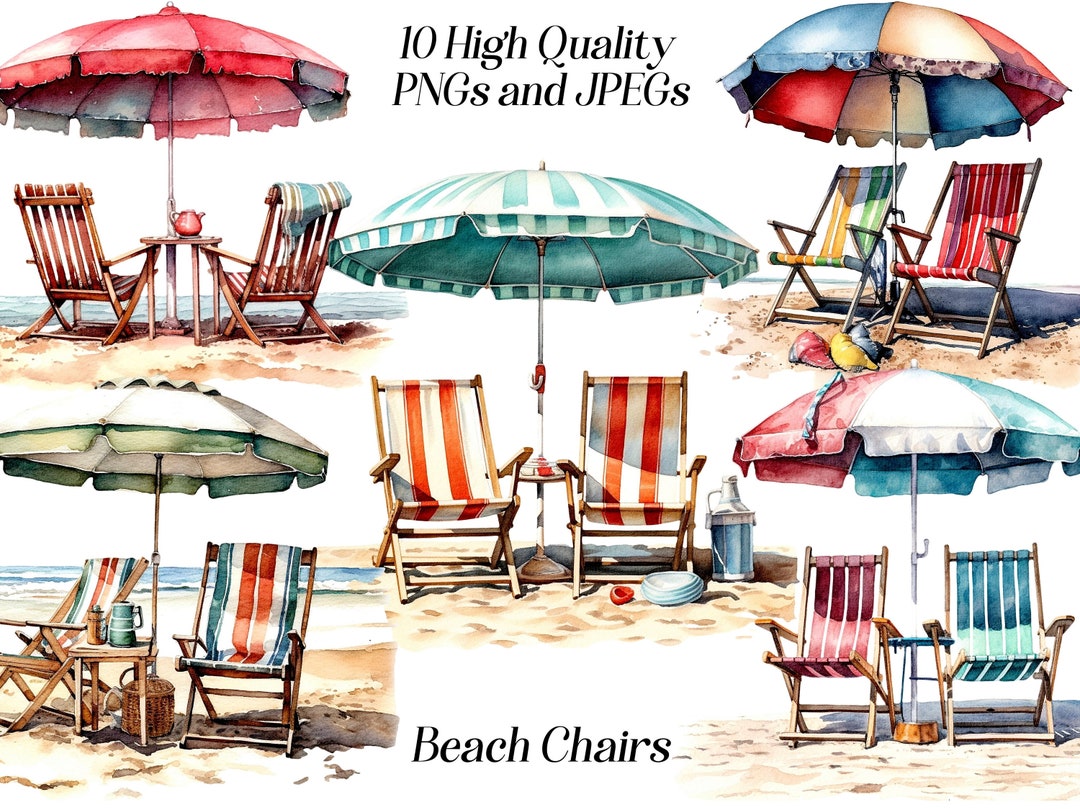 Watercolor Beach Chairs Clipart, 10 High Quality JPEG and PNG Files