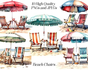 Watercolor Beach Chairs Clipart: Summer Holiday Art (JPEG, PNG)
