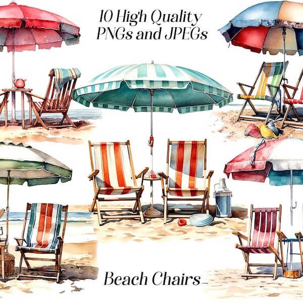 Watercolor Beach chairs clipart, 10 high quality JPEG and PNG files, summer vacation clip art, holiday by the sea, printables