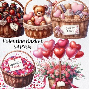 バレンタイン バスケット クリップアート、水彩画の花柄バスケット クリップアート、png、バラ、お菓子、ハート、愛、甘いメッセージ、デジタル グラフィック