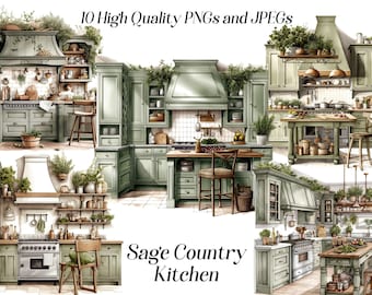Watercolor Kitchen Clipart: Cottagecore Farmhouse PNG JPEG (Digital Download)
