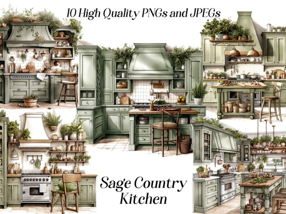 Watercolor Kitchen Clipart: Cottagecore Farmhouse PNG JPEG (Digital Download)