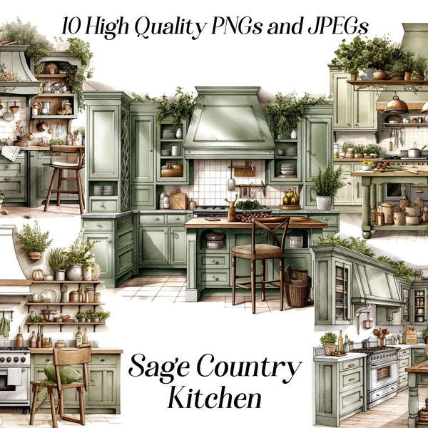 Watercolor country kitchen clipart, 10 high quality JPEG and PNG files, cottagecore, cozy cottage kitchen, farmhouse clip art, printables