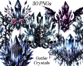 May include: 30 PNG digital images of gothic crystals in black, blue, and purple with intricate details. The crystals are surrounded by black gothic-style designs and skulls. The text "Gothic Crystals" is at the bottom of the image.
