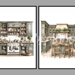 Puede incluir: Dos ilustraciones de cocinas con armarios verdes, salpicaderos de azulejos blancos y encimeras de madera. La primera cocina tiene una estufa y un horno blancos. La segunda cocina tiene una mesa de madera con dos sillas.