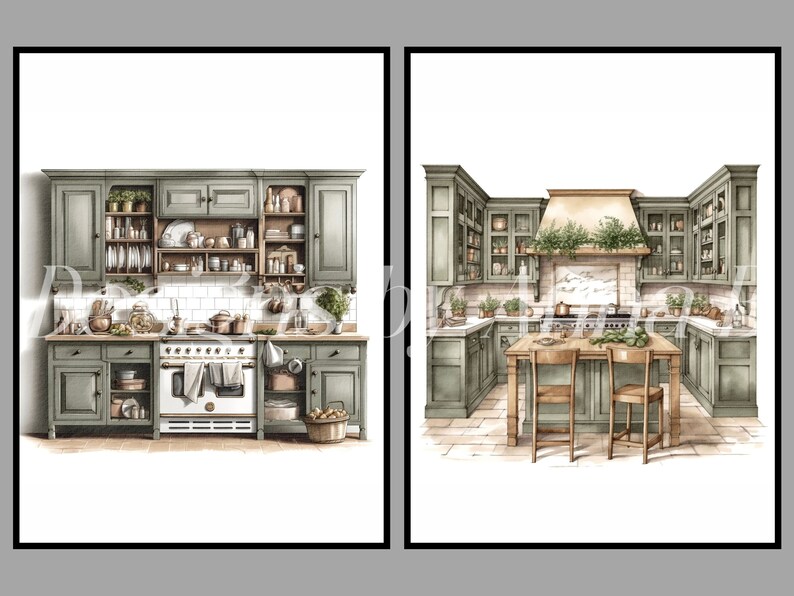 Puede incluir: Dos ilustraciones de cocinas con armarios verdes, salpicaderos de azulejos blancos y encimeras de madera. La primera cocina tiene una estufa y un horno blancos. La segunda cocina tiene una mesa de madera con dos sillas.