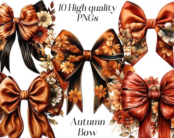 May include: Ten high-quality PNG images of autumn-themed bows with floral accents. The bows are in shades of brown, orange, and black, with white and yellow flowers.