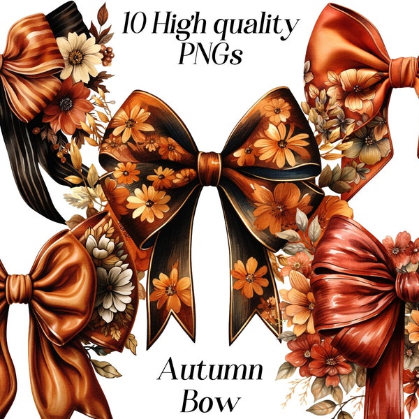 Watercolor Autumn Bow clipart, 10 high quality PNG files, fall graphics, bow with flowers, orange brown fabric bow illustration, printables