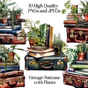 Clipart de valise, valise aquarelle, vintage, bagages, objets éphémères, plantes, verdure, graphiques imprimables, téléchargement numérique, journal indésirable