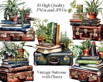 May include: Five vintage suitcases with different colored leather exteriors, each decorated with plants and stacks of books. The suitcases are arranged in a row, with the text "Vintage Suitcase with Plants" below them.