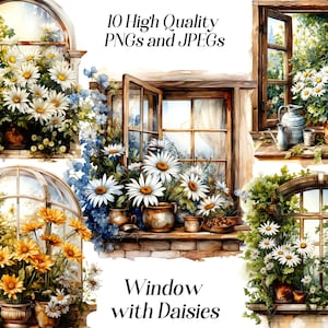 Aquarel venster met madeliefjes clipart, 10 hoge kwaliteit jpeg- en png-bestanden, bloemenvenster, rustieke clipart, scrapbooking, kaarten maken