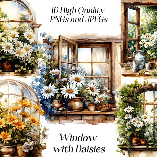 Watercolor window with daisies clipart, 10 high quality JPEG and PNG files, floral window, rustic clipart, scrapbooking, card making