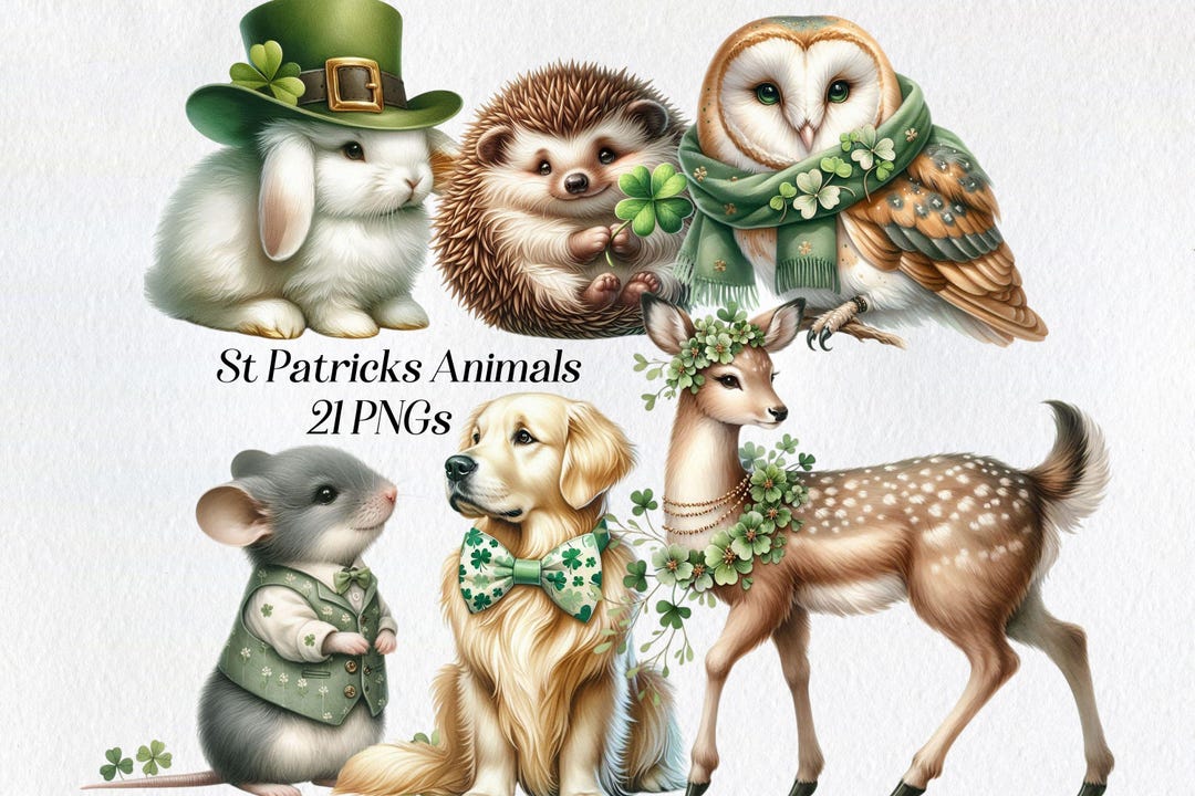 St Patricks Day Animals Clipart: Watercolor Shamrock PNG (digital ...
