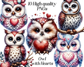 May include: Ten high quality PNG images of owls with hearts. The owls are illustrated in a cartoon style with bright colors and detailed patterns. Each owl is holding a heart or has a heart on its chest.