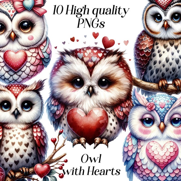 Watercolor Owl with Hearts clipart, 10 high quality PNG files, bird clipart, own clipart, cute owl, animals clipart, love and hearts