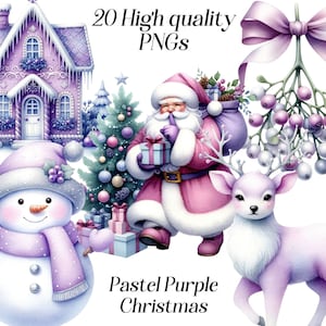 Watercolor Pastel Purple Christmas clipart, 20 high quality PNG files, christmas graphics, printable images, festive, winter holidays