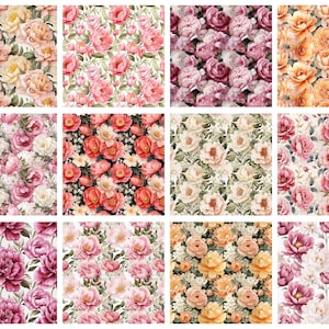 以下が含まれることがあります： 水彩の花柄が描かれた、12種類のシームレスパターンを含むデジタルペーパーパック。ピンク、ピーチ、クリームなど、さまざまな色合いで描かれています。