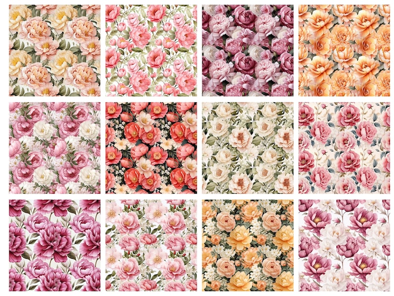 以下が含まれることがあります： 水彩の花柄が描かれた、12種類のシームレスパターンを含むデジタルペーパーパック。ピンク、ピーチ、クリームなど、さまざまな色合いで描かれています。