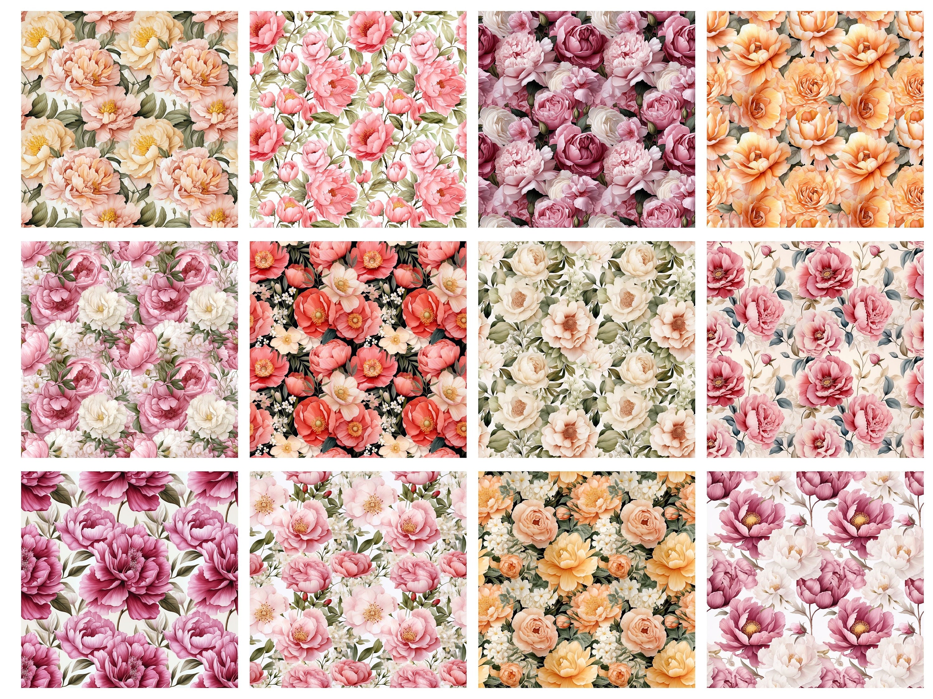 Watercolor Peonies Seamless Pattern: 12 Floral Digital Papers (digital ...