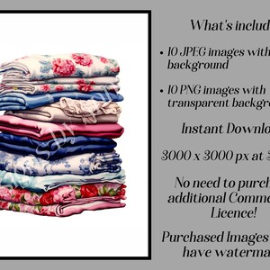 May include: A stack of 10 different patterned fabric swatches in pink, blue, and white. The fabric is folded neatly and stacked on top of each other. The fabric has floral patterns and some have a white background.