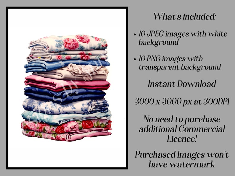 May include: A stack of 10 different patterned fabric swatches in pink, blue, and white. The fabric is folded neatly and stacked on top of each other. The fabric has floral patterns and some have a white background.