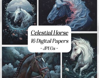 Può includere: Un pacchetto di carta digitale con 16 immagini di cavalli celesti. Le immagini mostrano cavalli con criniere e code stellate, su uno sfondo di cielo notturno blu scuro con stelle e nuvole. Il testo "Celestial Horse 16 Digital Papers - JPEGs -" è visualizzato al centro dell'immagine.