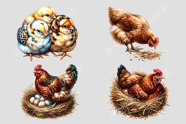May include: Four illustrations of chickens. The first image shows three chicks, one yellow, one white with black spots, and one brown with black spots. The second image shows a brown hen pecking at seeds on the ground. The third image shows a brown hen sitting in a nest of straw with several white eggs. The fourth image shows a brown hen sitting in a nest of straw.