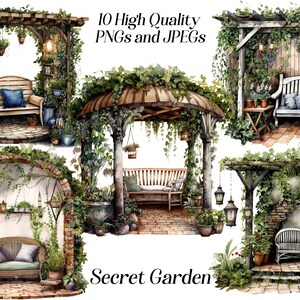May include: A digital illustration of a secret garden with four different garden arbors, each with a bench and lush greenery. The arbors are made of wood and have a rustic look. The benches are made of wood and have cushions. The greenery is a mix of vines, flowers, and leaves. The illustration is in a watercolor style and has a whimsical feel.