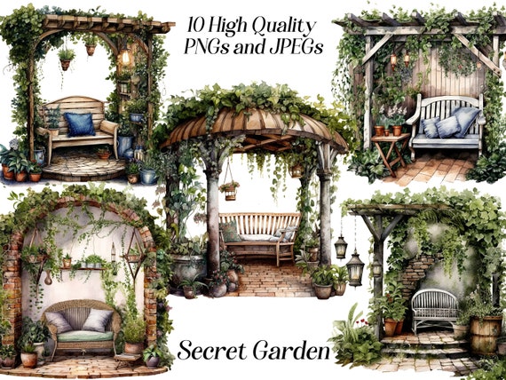 Watercolor Secret Garden Clipart: Cottagecore JPEG & PNG (Digital Download)