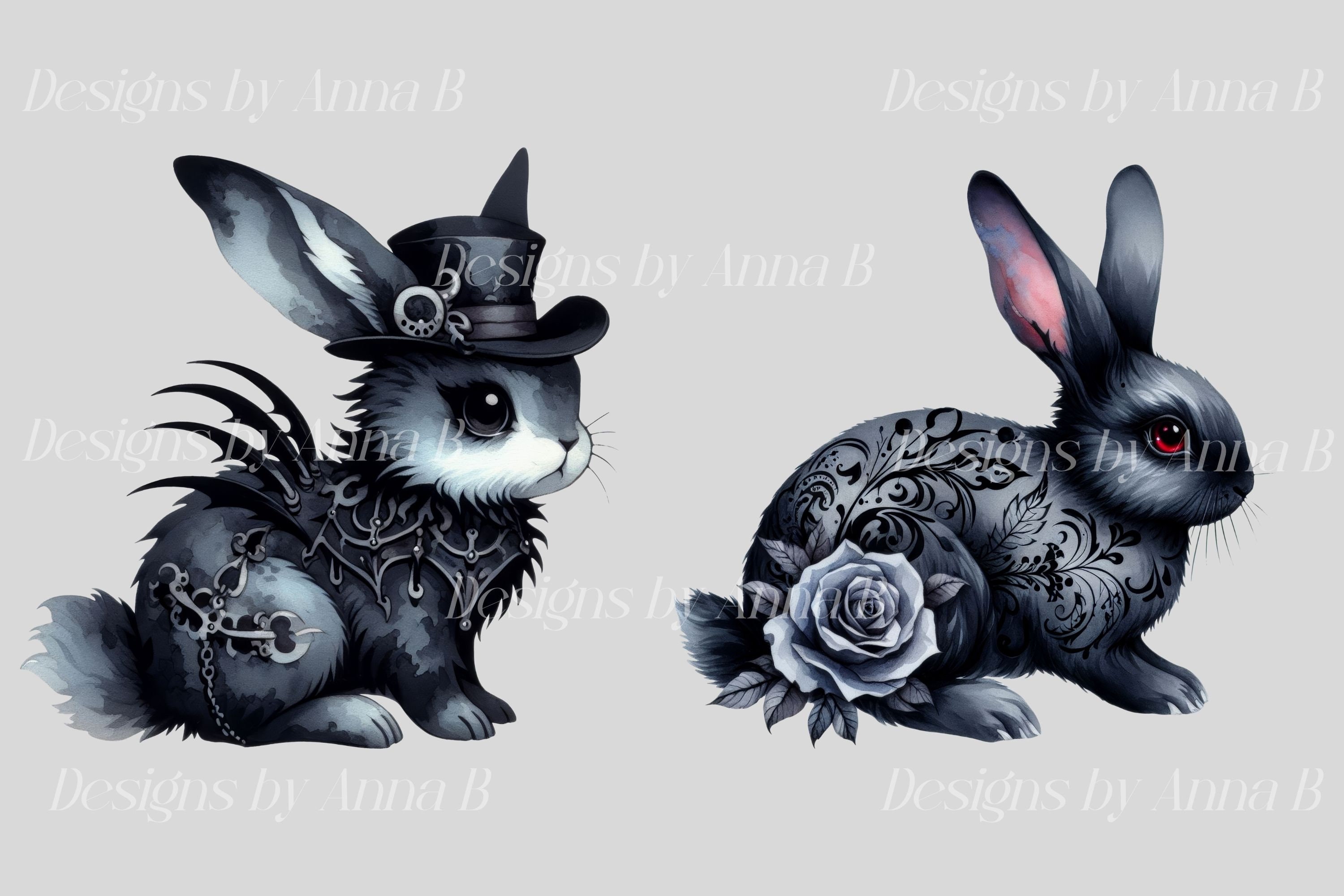 Watercolor Gothic Bunny Clipart: Dark Fantasy PNG Images (digital ...
