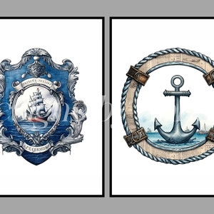 May include: Two watercolor illustrations, one depicting a blue and silver crest with a ship sailing on a blue sea, and the other depicting a blue anchor with a rope circle around it.