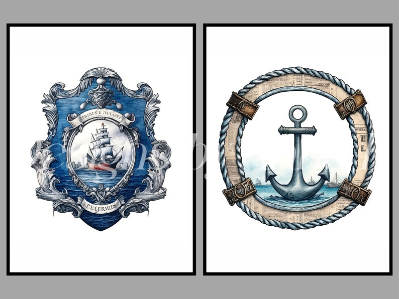 May include: Two watercolor illustrations, one depicting a blue and silver crest with a ship sailing on a blue sea, and the other depicting a blue anchor with a rope circle around it.