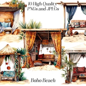 Clipart de praia boho em aquarela, 10 arquivos JPEG e PNG de alta qualidade, clipart Boho, área de estar aconchegante, férias de verão, vida na praia