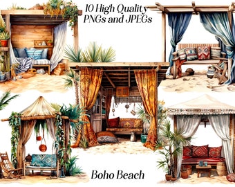 Watercolor boho beach clipart, 10 high quality JPEG and PNG files, Bohemian clip art, cozy sitting area, summer vacation, beach life