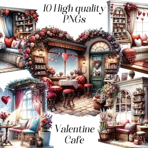 Valentine Cafe clipart, aquarel café interieur illustraties, png, gezellig café, liefdeshoek, stoelen, restaurant, harten, liefde, datum, digitaal