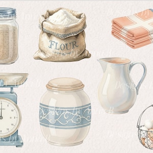 May include: Watercolor illustration of kitchen items. Includes a glass jar, a burlap sack of flour, folded towels, a scale, a jar with a blue design, a pitcher, and a basket of eggs. The items are in soft, muted colors.