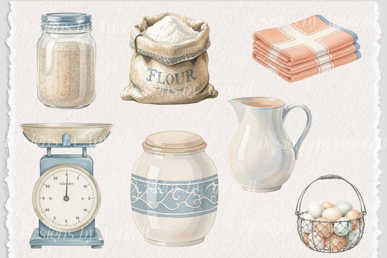 May include: Watercolor illustration of kitchen items. Includes a glass jar, a burlap sack of flour, folded towels, a scale, a jar with a blue design, a pitcher, and a basket of eggs. The items are in soft, muted colors.