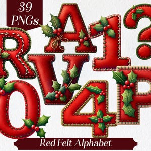 Clipart alphabet de Noël en feutre rouge, police de Noël, alphabet d'hiver, lettres en tissu, chiffres, saisonnier, décoration d'hiver, police de feutre rouge