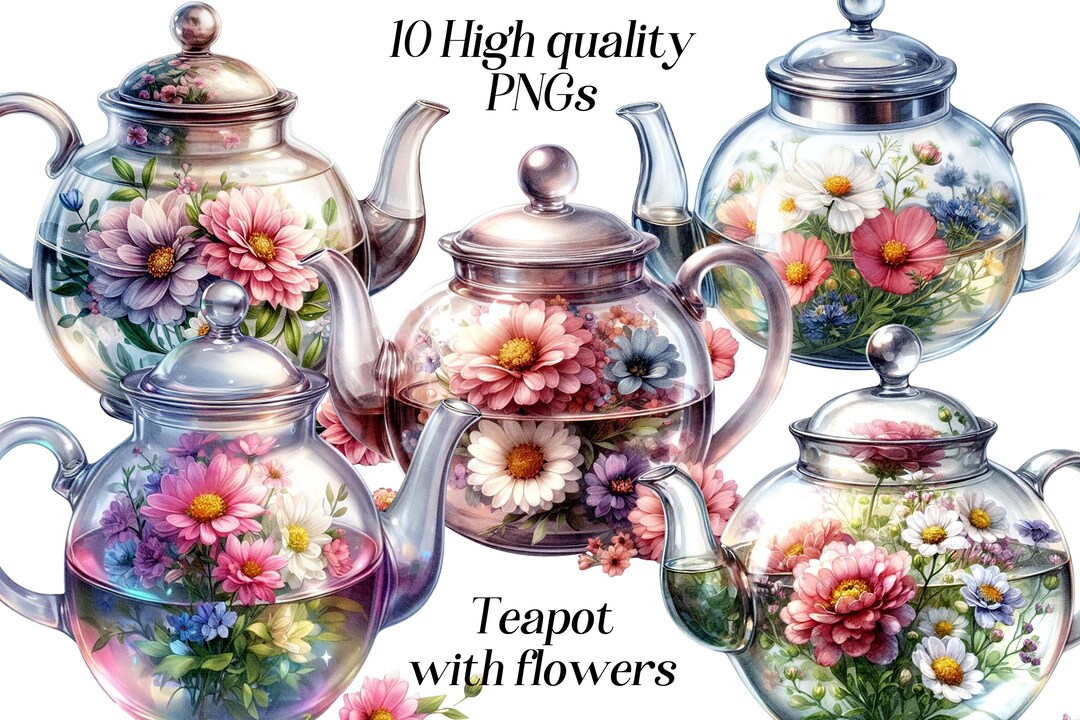 Watercolor Teapot With Flowers Clipart, 10 High Quality PNG Files
