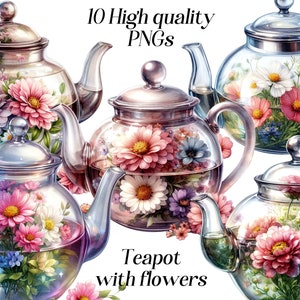 Tetera de acuarela con flores, clipart, tetera floral, png, ilustración de tetera de vidrio, imagen digital, imprimible, uso comercial