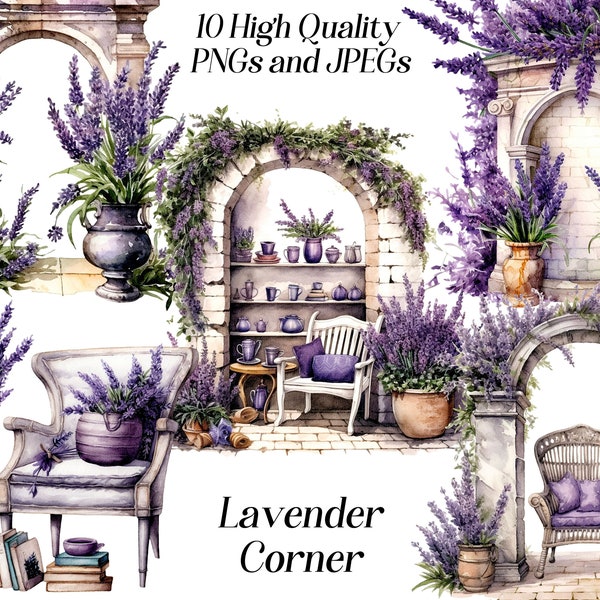 Watercolor lavender clipart, 10 high quality JPEG and PNG files, floral clipart, purple flowers clip art, cozy area, printable graphics