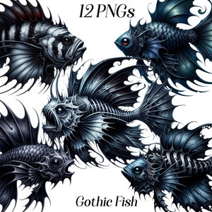 Aquarell Gothic Fisch Clipart, 12 PNG-Dateien, schwarz gefärbter Fisch, gruseliger Fisch, Halloween, Goth, Ozean und Meerestiere, Illustration