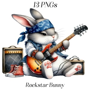 Aquarel Rockstar Bunny clipart, 13 png-bestanden, schattig konijntje, rocker, gitaar spelen, muziek, schattig konijn, dieren, instrument bespelen, afbeeldingen
