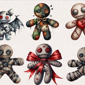 May include: Six different voodoo dolls with various features, including stitched seams, buttons for eyes, and a red heart. The dolls are made of fabric and have a vintage, handmade aesthetic.