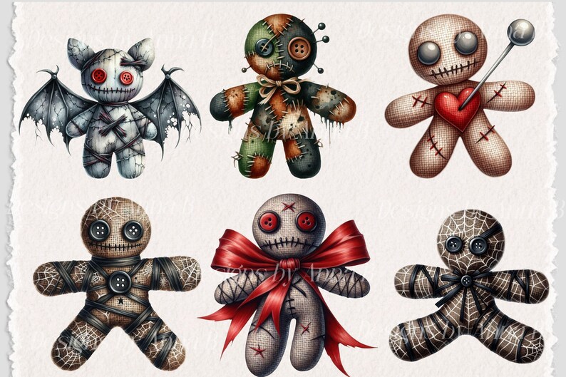 May include: Six different voodoo dolls with various features, including stitched seams, buttons for eyes, and a red heart. The dolls are made of fabric and have a vintage, handmade aesthetic.