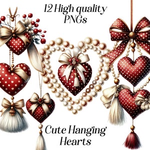 Clipart di cuori appesi, clipart di decorazioni a forma di cuore ad acquerello, png, cuori rossi, perle, nappe, decorazioni di San Valentino, grafica stampabile
