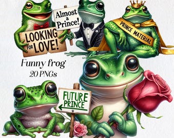 Valentine Frog Clipart, Prince Frog, Watercolor PNG (Digital Download)