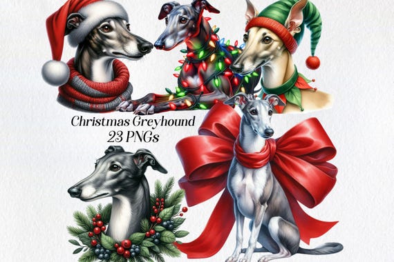 Christmas Greyhound Clipart: Watercolor Festive Dog PNG (Digital Download)