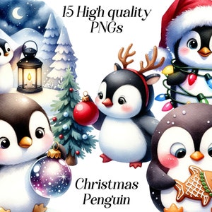 Aquarell Weihnachten Pinguin Clipart, 15 hochauflösende PNG Dateien, süße Tiere, Winterferien, printable Grafiken, Weihnachten Clip Art, digital